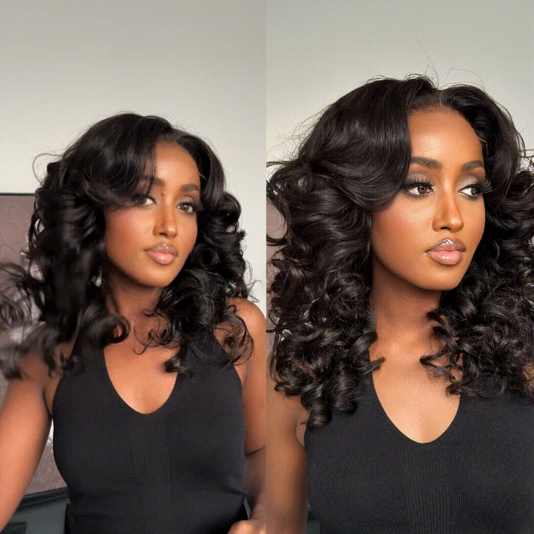 Put on & Go Designer Layered Curtain Bangs Wavy Lace Closure Wig