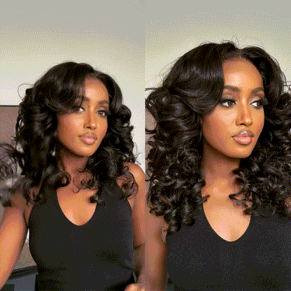 Put on & Go Designer Layered Curtain Bangs Wavy Lace Closure Wig