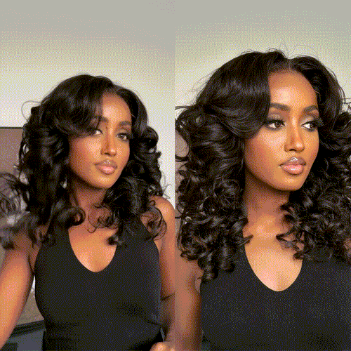 Put on & Go Designer Layered Curtain Bangs Wavy Lace Closure Wig