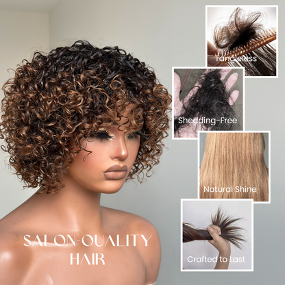 Chic Ombre Mix Color Short Cut Curly Put On & Go Wig 100% Human Hair