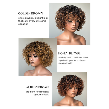 Chic Ombre Mix Color Short Cut Curly Put On & Go Wig 100% Human Hair