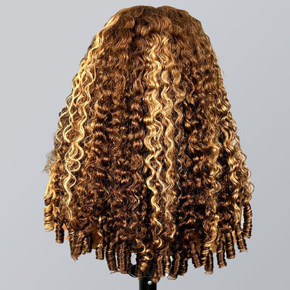Burmese Curly Glueless Wig 4/27 Highlight Color Pre Cut 9x6 Lace Elastic Drawstring Wear Go Wig